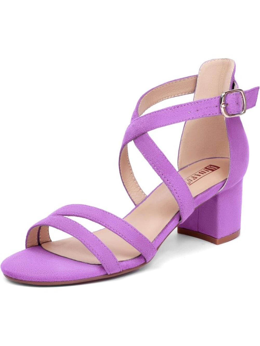 Women's Lilac Suede Block Low Chunky Heel Open Toe Ankle Strap Dress Sandals